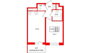 Квартира в ЖК «Город звёзд», 1 комнатная, 38.15 м², 9 этаж