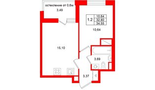 Квартира в ЖК «Город звёзд», 1 комнатная, 32.8 м², 14 этаж