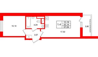 Квартира в ЖК «Город звёзд», 1 комнатная, 35.14 м², 12 этаж