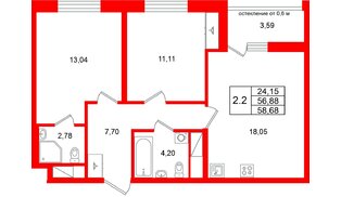 Квартира в ЖК «Город звёзд», 2 комнатная, 56.88 м², 4 этаж