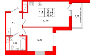 Квартира в ЖК «Город звёзд», 1 комнатная, 37.01 м², 14 этаж