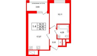 Квартира в ЖК «Город звёзд», 1 комнатная, 34.8 м², 14 этаж