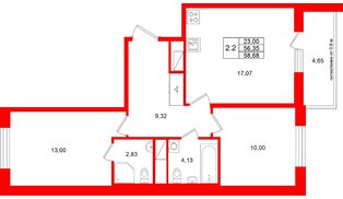 Квартира в ЖК «Город звёзд», 2 комнатная, 56.35 м², 9 этаж