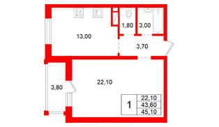 Квартира в ЖК «Янинский каскад», 1 комнатная, 43.6 м², 3 этаж