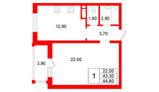 Квартира в ЖК «Янинский каскад», 1 комнатная, 43.3 м², 11 этаж