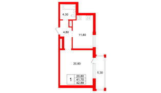 Квартира в ЖК «Янинский каскад», 1 комнатная, 41.7 м², 12 этаж