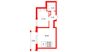 Квартира в ЖК «Янинский каскад», 1 комнатная, 41.4 м², 12 этаж
