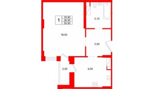 Квартира в ЖК «Ёлки вилладж», 1 комнатная, 38.9 м², 6 этаж
