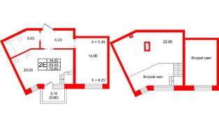 Квартира в ЖК «Шотландия», 1 комнатная, 69.9 м², 3 этаж
