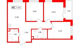 Квартира в ЖК «Расцветай в Янино», 3 комнатная, 71.81 м², 3 этаж