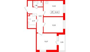 Квартира в ЖК «Расцветай в Янино», 2 комнатная, 54.42 м², 6 этаж