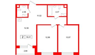 Квартира в ЖК «Расцветай в Янино», 2 комнатная, 58.41 м², 5 этаж