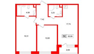 Квартира в ЖК «Расцветай в Янино», 2 комнатная, 63.98 м², 6 этаж