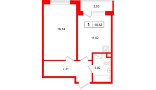 Квартира в ЖК «Расцветай в Янино», 1 комнатная, 40.42 м², 5 этаж