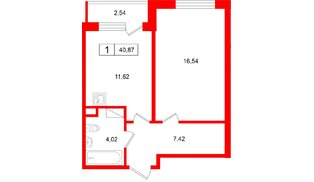 Квартира в ЖК «Расцветай в Янино», 1 комнатная, 40.87 м², 1 этаж