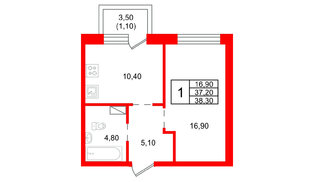 Квартира в ЖК «Шотландия», 1 комнатная, 37.2 м², 2 этаж