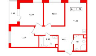Квартира в ЖК «Расцветай в Янино», 3 комнатная, 71.79 м², 7 этаж