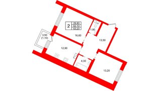 Квартира в ЖК «Шотландия», 2 комнатная, 62.1 м², 2 этаж