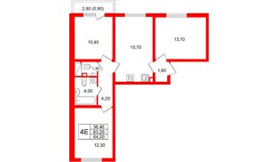 Квартира в ЖК «Ручьи–2», 3 комнатная, 64 м², 10 этаж