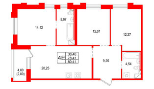 Квартира в ЖК «Сезоны», 3 комнатная, 80.41 м², 2 этаж