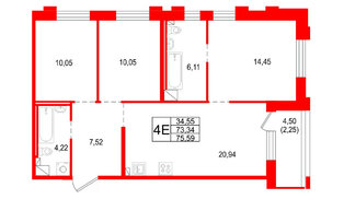 Квартира в ЖК «Сезоны», 3 комнатная, 75.59 м², 2 этаж