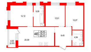 Квартира в ЖК «Сезоны», 3 комнатная, 80.77 м², 6 этаж