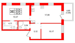 Квартира в ЖК «Сезоны», 2 комнатная, 54.34 м², 2 этаж