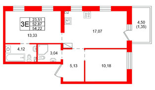 Квартира в ЖК «Сезоны», 2 комнатная, 54.22 м², 4 этаж
