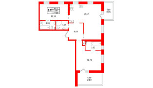 Квартира в ЖК «Сезоны», 2 комнатная, 77.89 м², 7 этаж