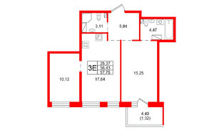 Квартира в ЖК «Сезоны», 2 комнатная, 57.75 м², 2 этаж
