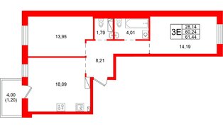 Квартира в ЖК «Сезоны», 2 комнатная, 61.44 м², 3 этаж
