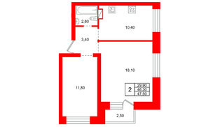Квартира в ЖК «Итальянский Квартал», 2 комнатная, 46.3 м², 2 этаж