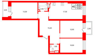 Квартира в ЖК «Итальянский Квартал», 3 комнатная, 73.5 м², 2 этаж