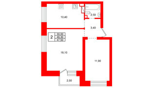 Квартира в ЖК «Итальянский Квартал», 2 комнатная, 46.3 м², 4 этаж