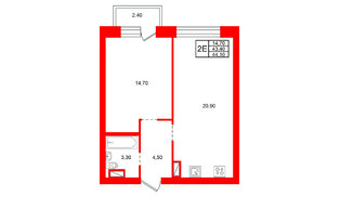 Квартира в ЖК «Итальянский Квартал», 1 комнатная, 43.4 м², 3 этаж