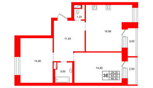 Квартира в ЖК «Итальянский Квартал», 2 комнатная, 64.2 м², 4 этаж