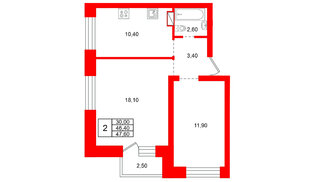 Квартира в ЖК «Итальянский Квартал», 2 комнатная, 46.4 м², 3 этаж