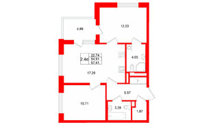 Квартира в ЖК Универ Сити, 2 комнатная, 54.91 м², 2 этаж