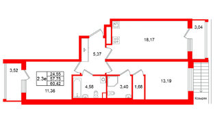 Квартира в ЖК Универ Сити, 2 комнатная, 57.75 м², 1 этаж