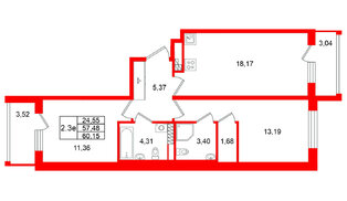 Квартира в ЖК Универ Сити, 2 комнатная, 57.48 м², 4 этаж
