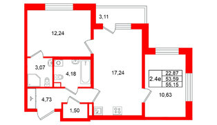 Квартира в ЖК Универ Сити, 2 комнатная, 53.59 м², 1 этаж