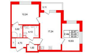 Квартира в ЖК Универ Сити, 2 комнатная, 53.49 м², 2 этаж