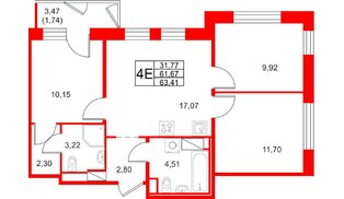 Квартира в ЖК «Юнтолово», 3 комнатная, 63.41 м², 9 этаж