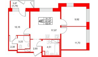 Квартира в ЖК «Юнтолово», 3 комнатная, 63.41 м², 11 этаж