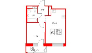 Квартира в ЖК «Юнтолово», 1 комнатная, 39.89 м², 18 этаж