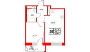 Квартира в ЖК «Юнтолово», 1 комнатная, 39.89 м², 20 этаж