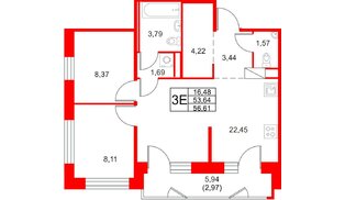 Квартира в ЖК «Юнтолово», 2 комнатная, 56.61 м², 14 этаж