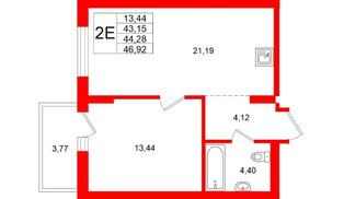 Квартира в ЖК «Брусника в Новоселье», 1 комнатная, 46.92 м², 8 этаж