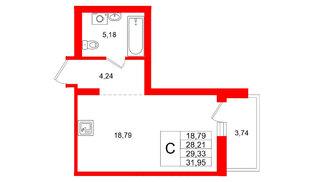 Квартира в ЖК Брусника в Новоселье, студия, 31.95 м², 6 этаж