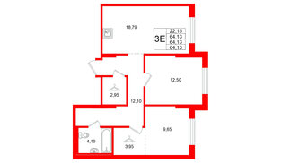 Квартира в ЖК Брусника в Новоселье, 2 комнатная, 64.13 м², 2 этаж